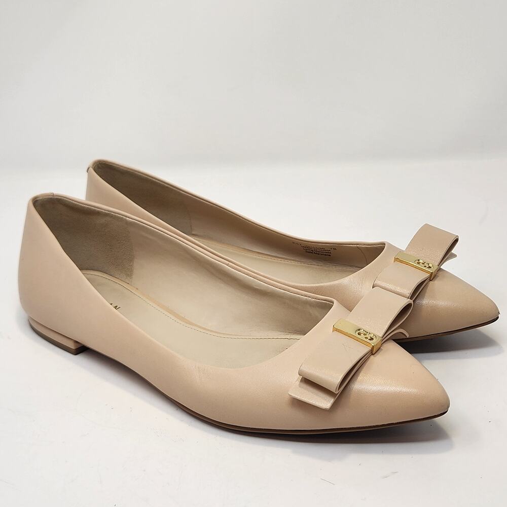 Cole Haan Tali Bow Skimmer Nude Leather Ballet Flats Size 7B Pointed Toe Shoes - Picture 1 of 9